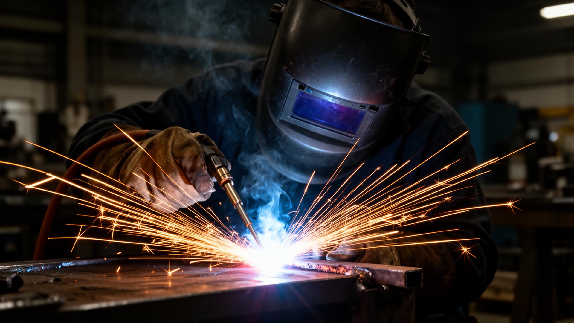 Soldador profesional realizando soldadura TIG con chispas